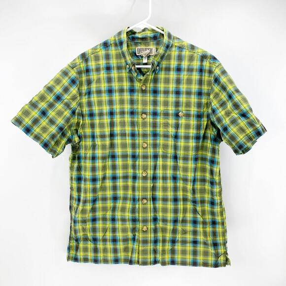 Duluth Trading Relaxed Fit Button Down short sleeve bright green plaid outdoor - Picture 1 of 7